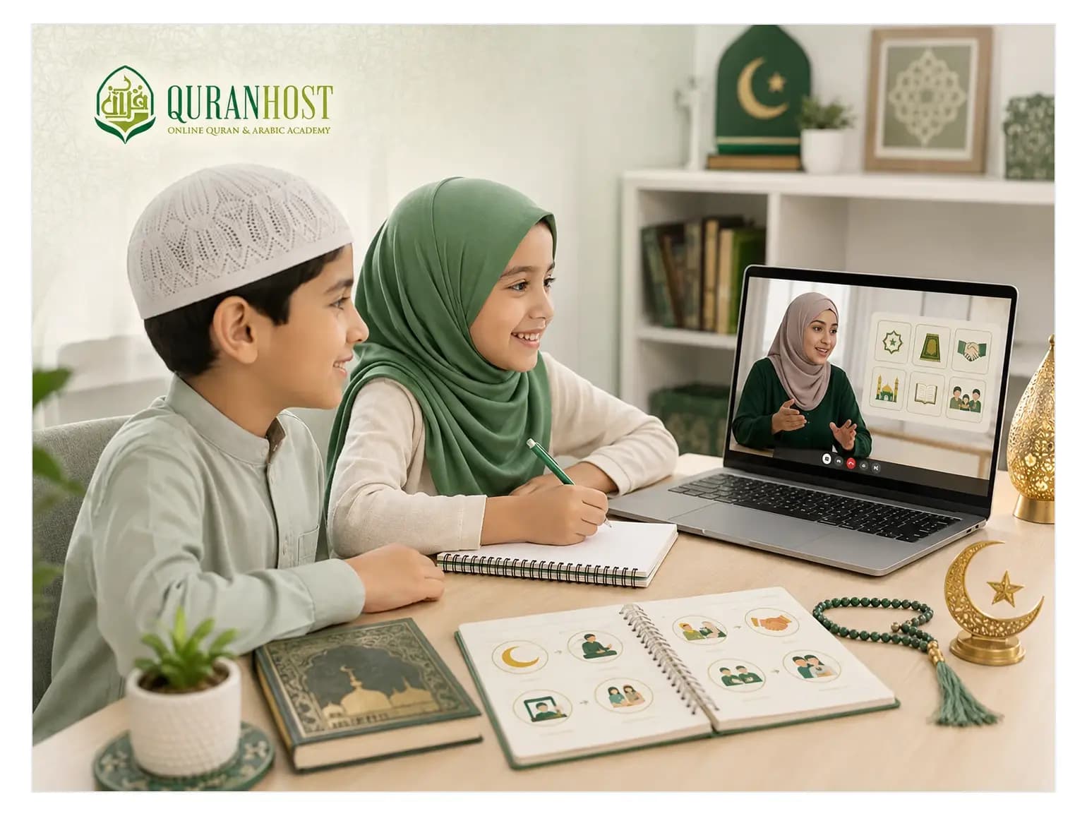 Two children learning Islamic studies in a live online class with a QuranHost teacher
