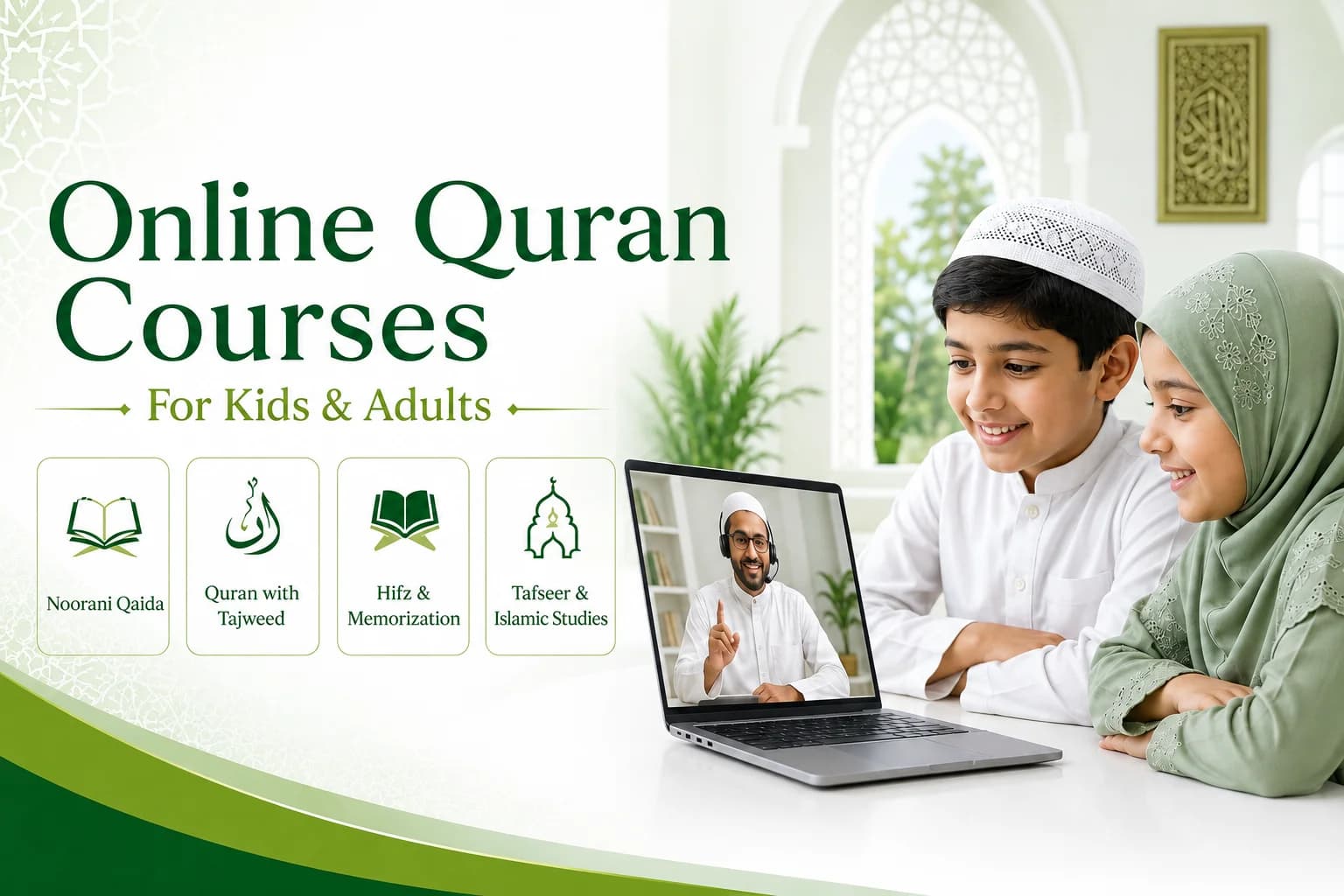 Online Quran Courses for Kids and Adults: Noorani Qaida, Quran with Tajweed, Hifz and Tafseer, with two children learning from a tutor online