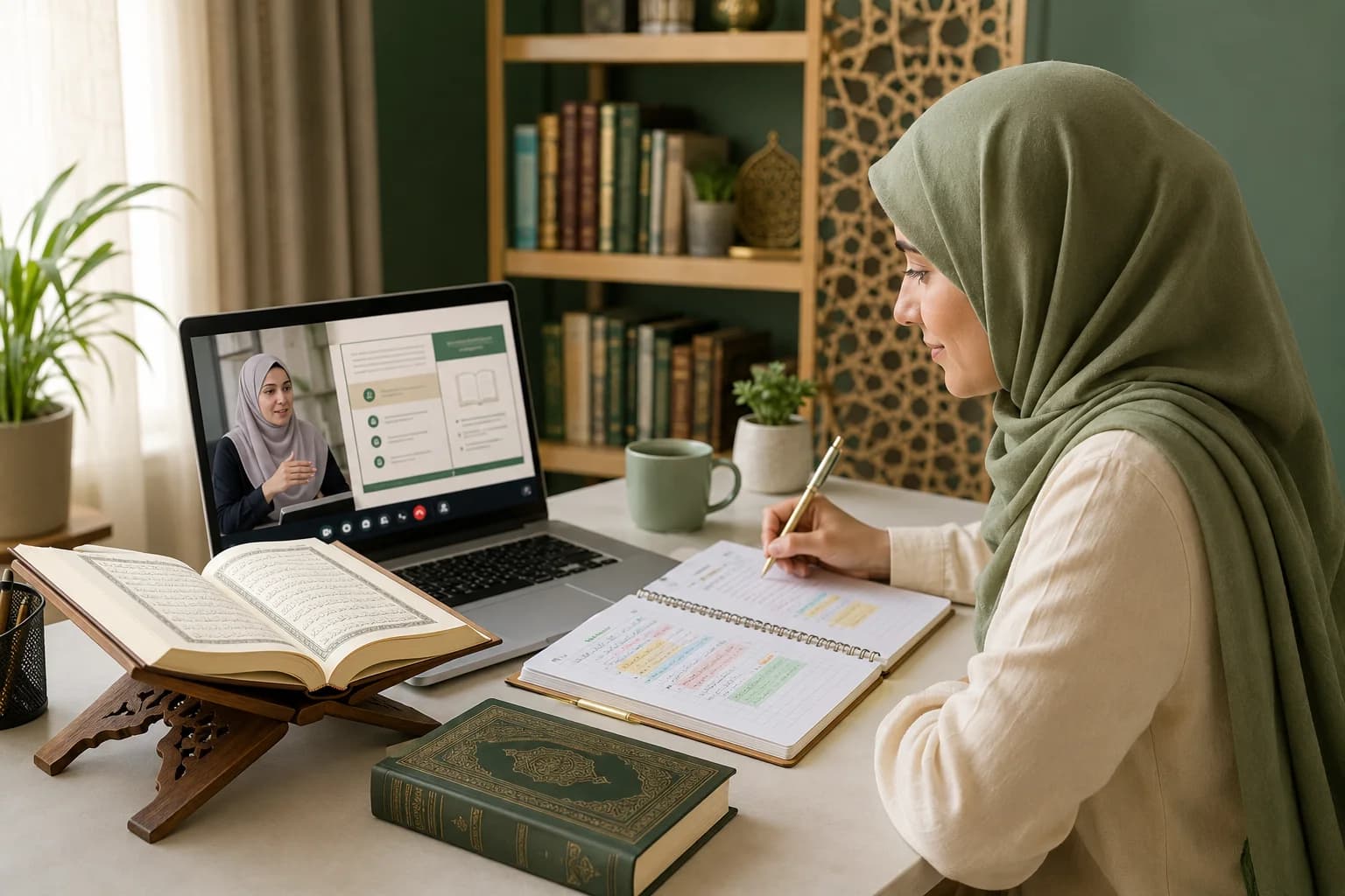 A student studying the Quran in a live one-to-one online Tafseer class with a QuranHost tutor, with an open Quran on a stand