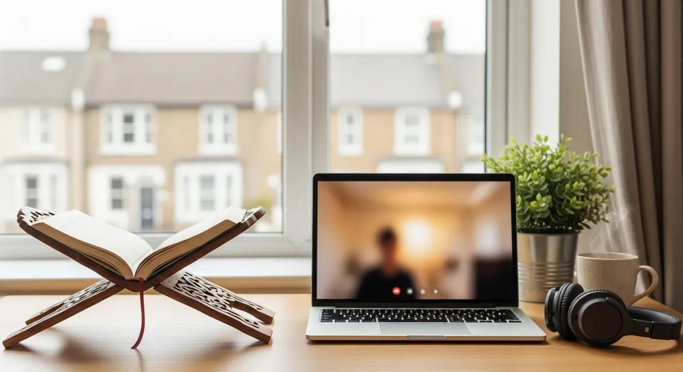 Online Quran class setup in a UK home — an open Quran on a wooden rehal beside a laptop showing a live one-to-one lesson with a certified QuranHost tutor