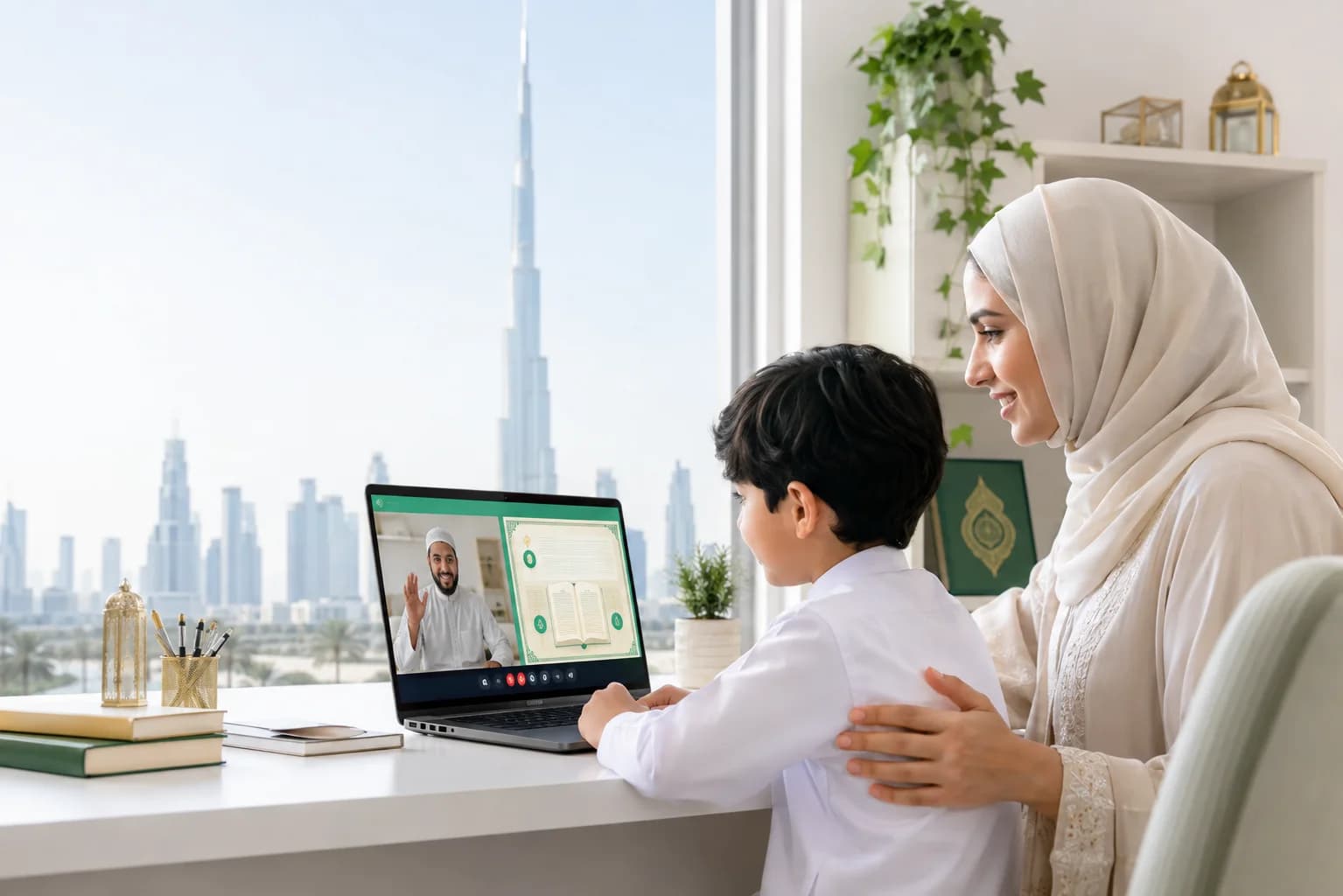A mother and her son attending a live online Quran class with a certified tutor at home in the UAE, Dubai skyline in the background