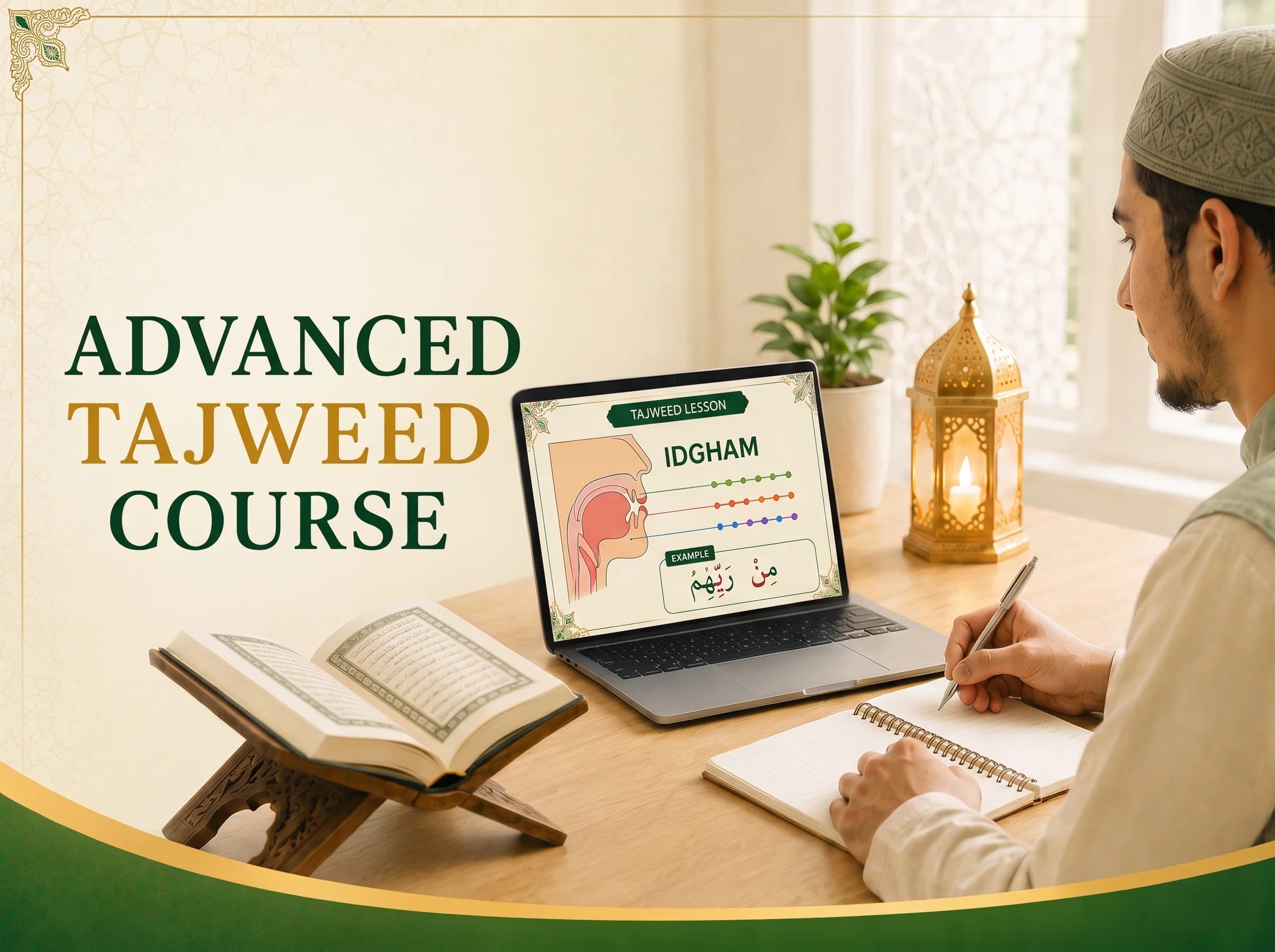 Advanced Tajweed Course: a student studying an online Idgham Tajweed lesson with articulation-point diagram