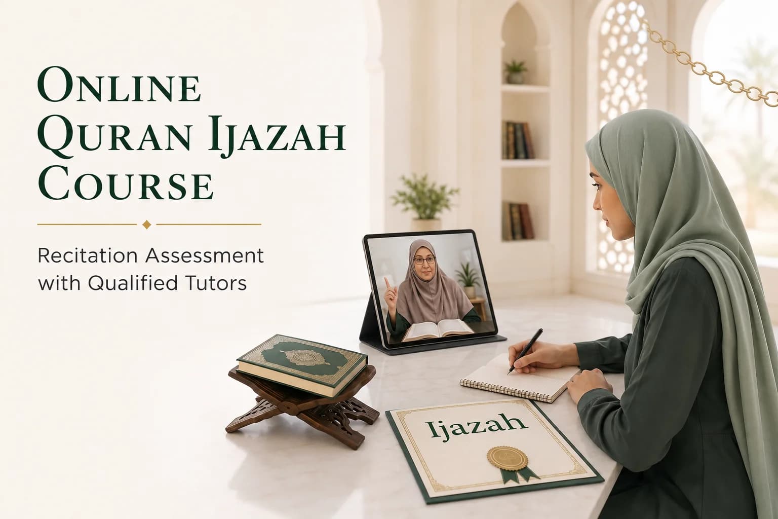 Online Quran Ijazah Course: a student taking a recitation assessment with a qualified tutor on a video call