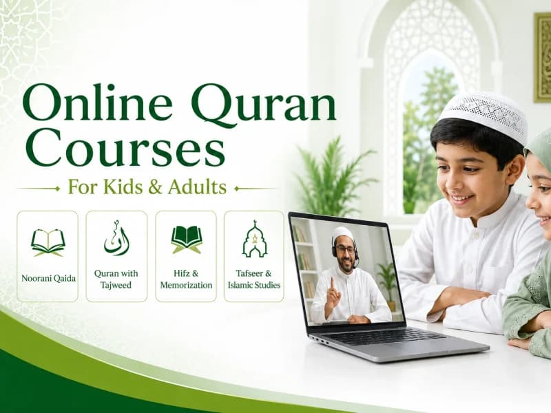 Online Quran Courses for Kids and Adults: Noorani Qaida, Quran with Tajweed, Hifz and Tafseer, with two children learning from a tutor online