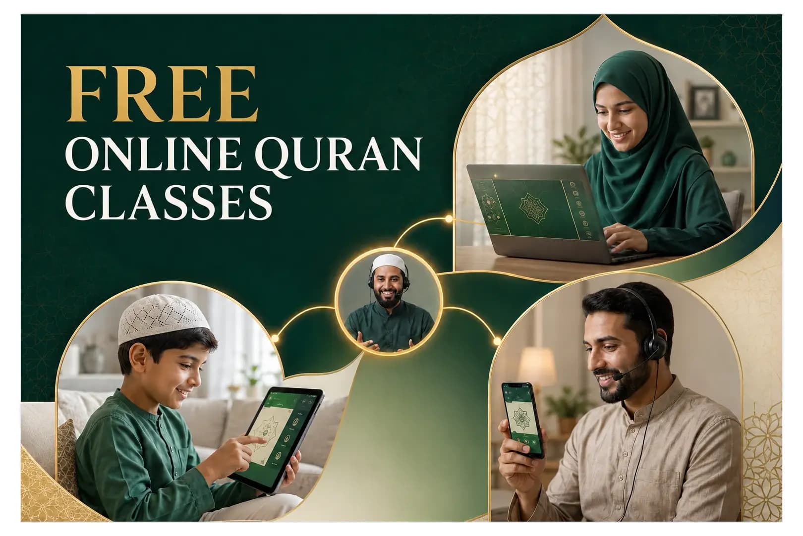 Free online Quran classes at QuranHost — a woman, a man and a child learning the Quran with a live tutor