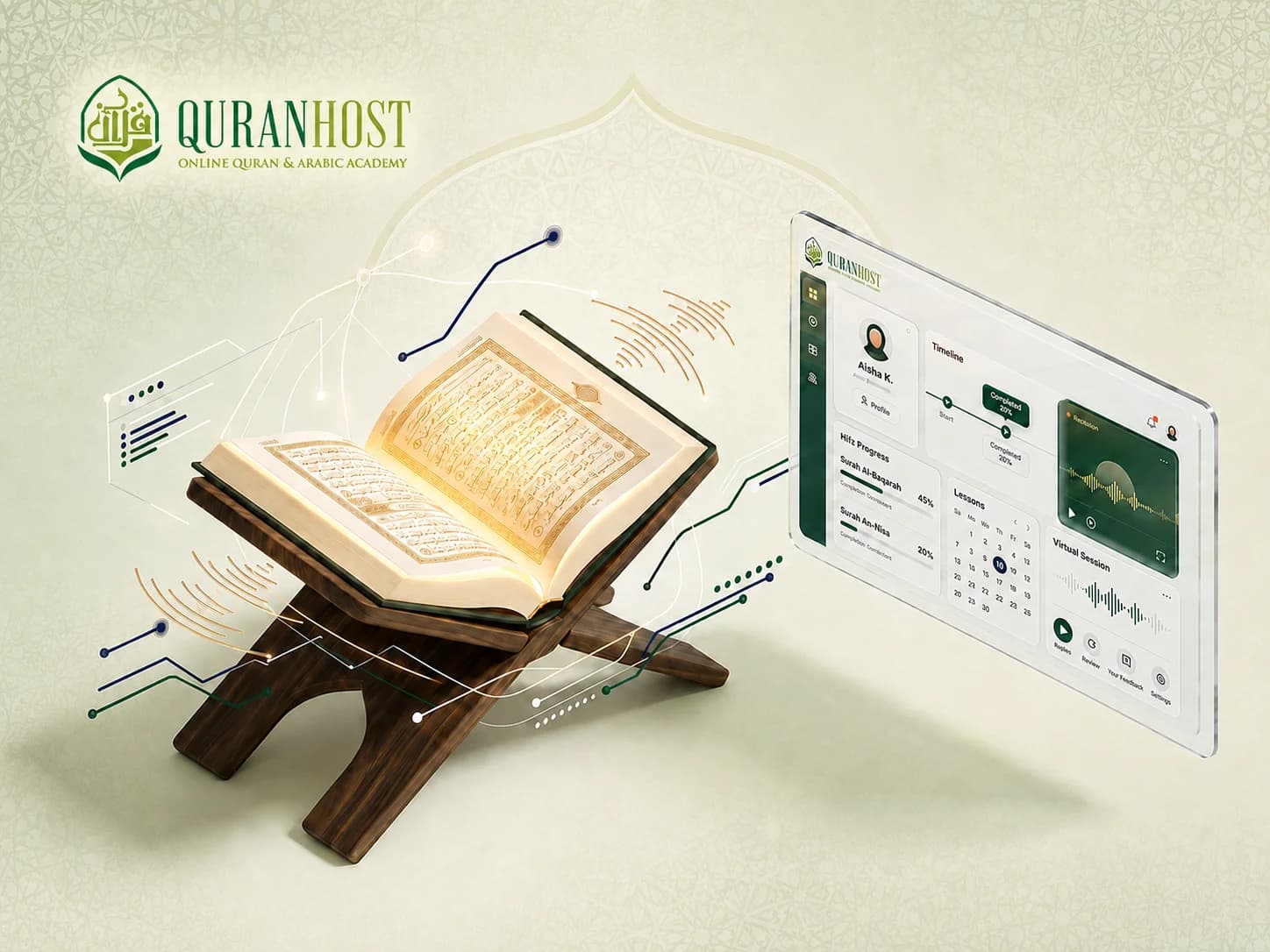 QuranHost online Hifz dashboard showing a student's Quran memorization progress, timeline, lessons calendar and live recitation session