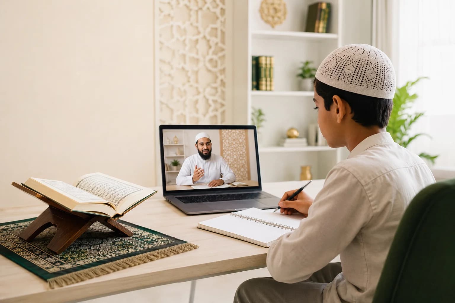 A boy taking notes during a one-to-one online Quran lesson with his teacher on a laptop
