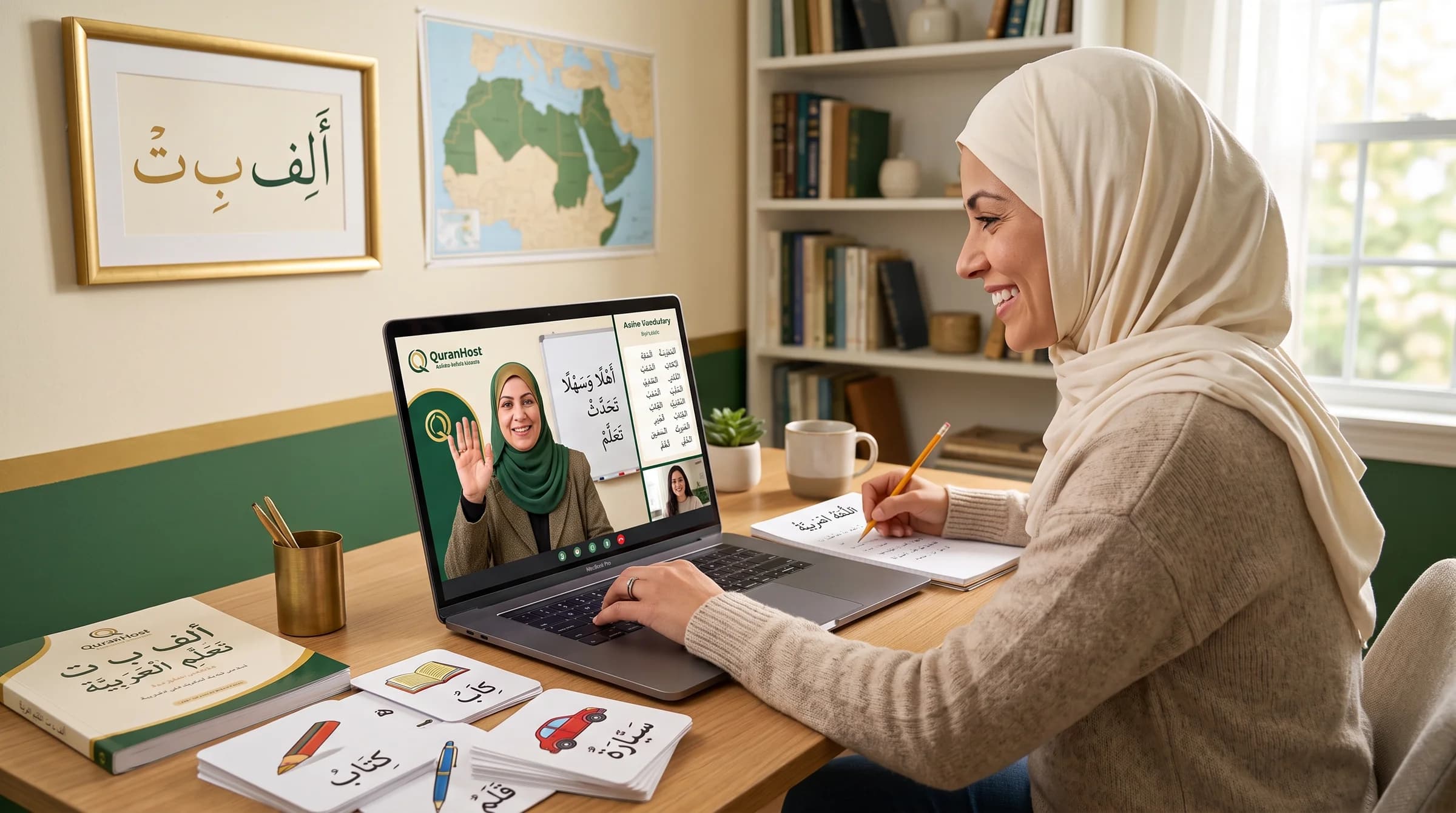 A student taking a live online Arabic class with a QuranHost tutor, using Arabic alphabet flashcards and notes at her desk