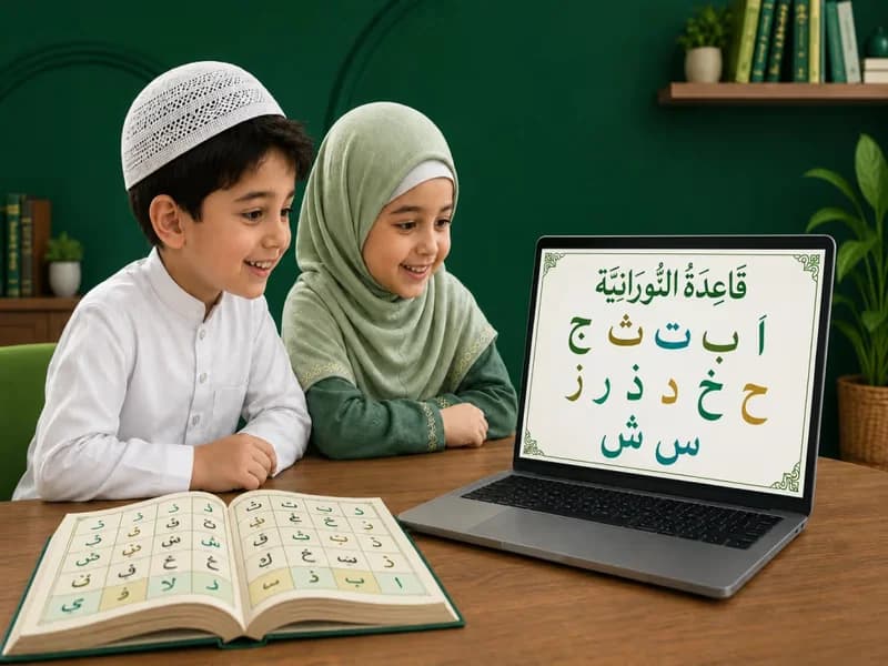 Two children learning Noorani Qaida online, following the Arabic letters on a laptop with an open Qaida book