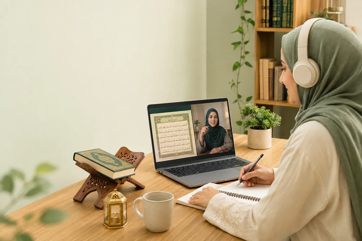 A woman learning Quran online in a private one-to-one lesson with a qualified female QuranHost teacher