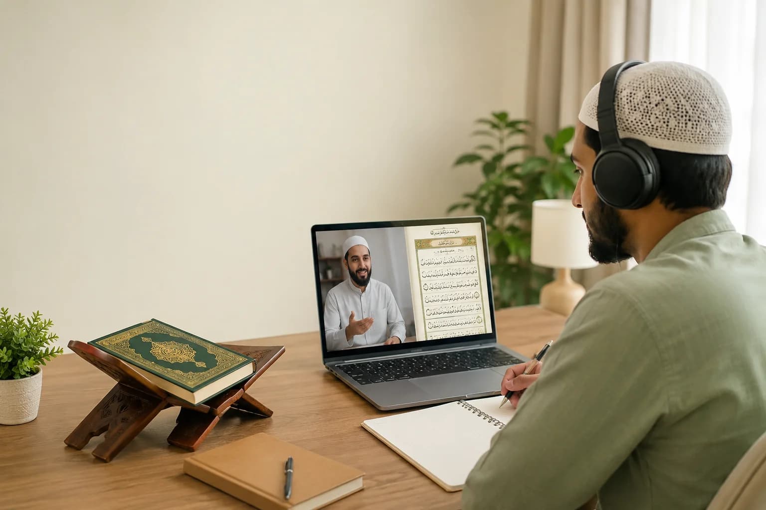 A man taking a live one-to-one online Quran lesson with a QuranHost teacher
